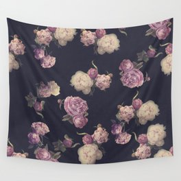Peony dream Wall Tapestry | Floral, Digital, Moody, Purple, Seamless, Retouching, Navyblue, Color, Flower, Pink 