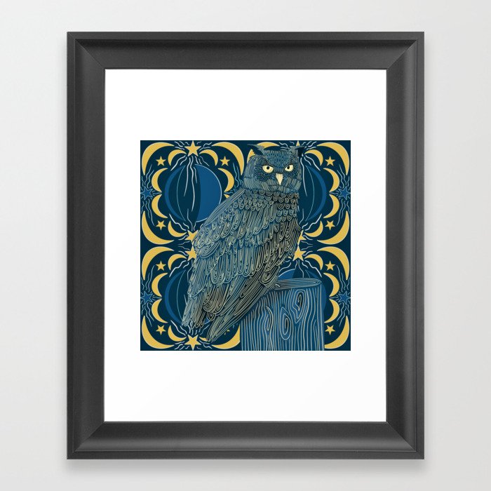 Owl on moon and stars pattern background Framed Art Print