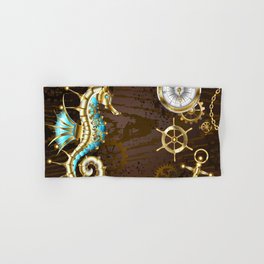 Wooden Background with Mechanical Seahorse ( Steampunk ) Hand & Bath Towel