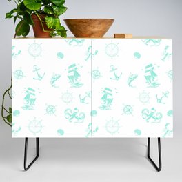 Mint Blue Silhouettes Of Vintage Nautical Pattern Credenza