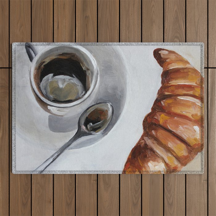 French breakfast, coffee and croissant, original oil painting, daily art Outdoor Rug