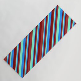 [ Thumbnail: Brown, Aquamarine, Blue, and Maroon Colored Striped/Lined Pattern Yoga Mat ]