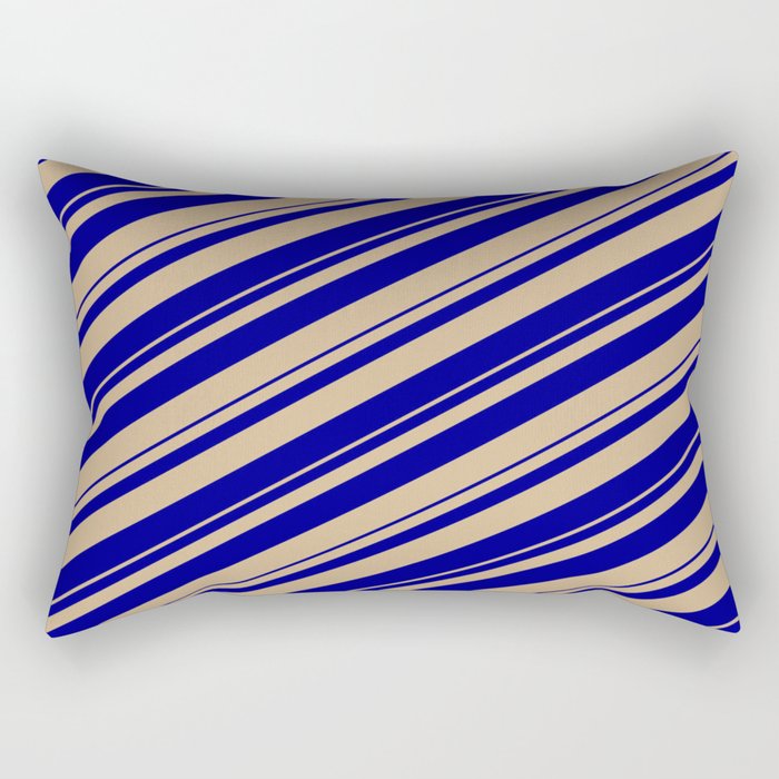 Tan & Dark Blue Colored Stripes/Lines Pattern Rectangular Pillow