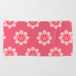 70s Pink & Red Smiley Face Pattern Beach Towel