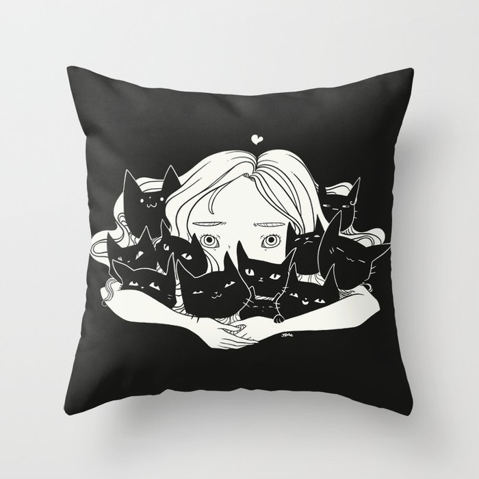 Anime Girl Hugging Many Black Cats Throw Pillow By Cellsdividing