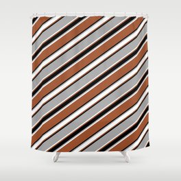 [ Thumbnail: Dark Gray, White, Sienna & Black Colored Pattern of Stripes Shower Curtain ]