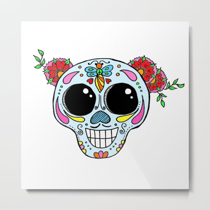 Sugar skull with flowers and bee Metal Print