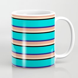 [ Thumbnail: Vibrant Dark Turquoise, Midnight Blue, Dark Salmon, Tan, and Black Colored Lines/Stripes Pattern Coffee Mug ]