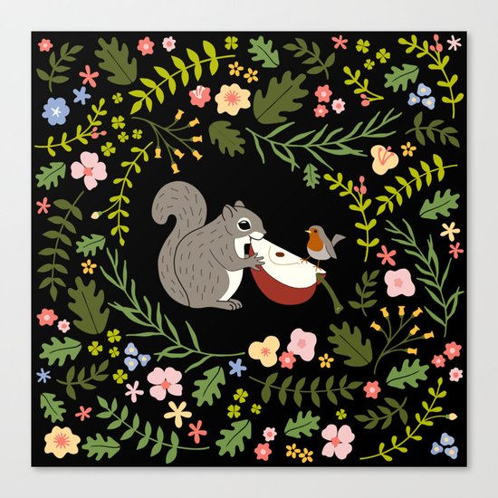 Friendship in Wildlife_Squirrel and Robin_Bg Black Canvas Print