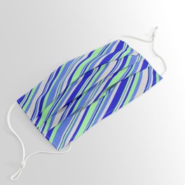 [ Thumbnail: Light Green, Royal Blue, Light Grey, and Blue Colored Lines Pattern Face Mask ]