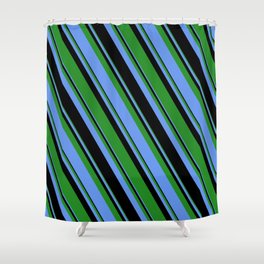 [ Thumbnail: Forest Green, Cornflower Blue & Black Colored Lines Pattern Shower Curtain ]