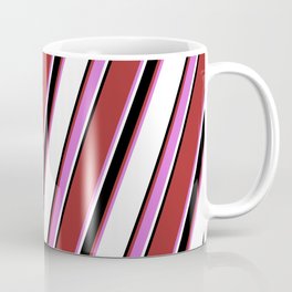 [ Thumbnail: Brown, Orchid, White & Black Colored Pattern of Stripes Coffee Mug ]