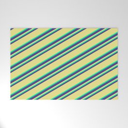 [ Thumbnail: Dark Slate Blue, Tan, and Green Colored Striped Pattern Welcome Mat ]
