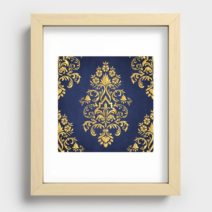 Navy Blue & Gold Damask Flower Pattern Recessed Framed Print