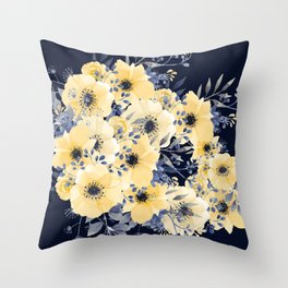 Floral Watercolor Print, Yellow and Navy Blue Throw Pillow
