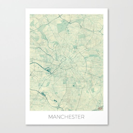 Manchester Map Blue Vintage Canvas Print