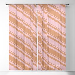 [ Thumbnail: Light Pink & Chocolate Colored Striped Pattern Sheer Curtain ]