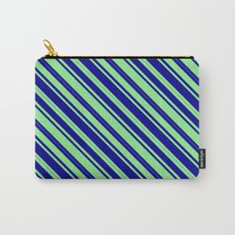 [ Thumbnail: Light Green & Dark Blue Colored Lined Pattern Carry-All Pouch ]