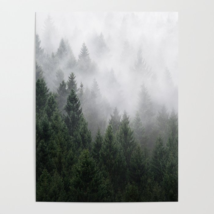 Home Is A Feeling // Wild Romantic Misty Fairytale Wilderness Forest With Trees Covered In Fog Poster