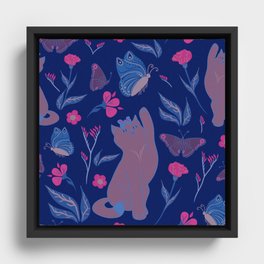 Cat's play - Pink and blue Framed Canvas