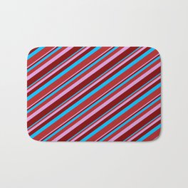 [ Thumbnail: Deep Sky Blue, Red, Plum & Maroon Colored Lined/Striped Pattern Bath Mat ]