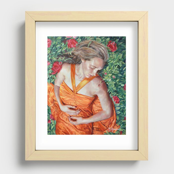 A Garland of Slumber, oil painting portrait of sleeping beauty in roses, orange dress, summer, angel Recessed Framed Print