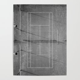 Grey tennis court at sunrise | Black and white drone aerial photography art | sports field print Poster