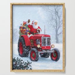 Santa driving his tractor Serving Tray