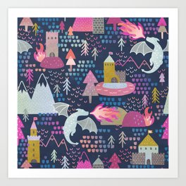 Watercolor Dragons and Castles Pattern Art Print