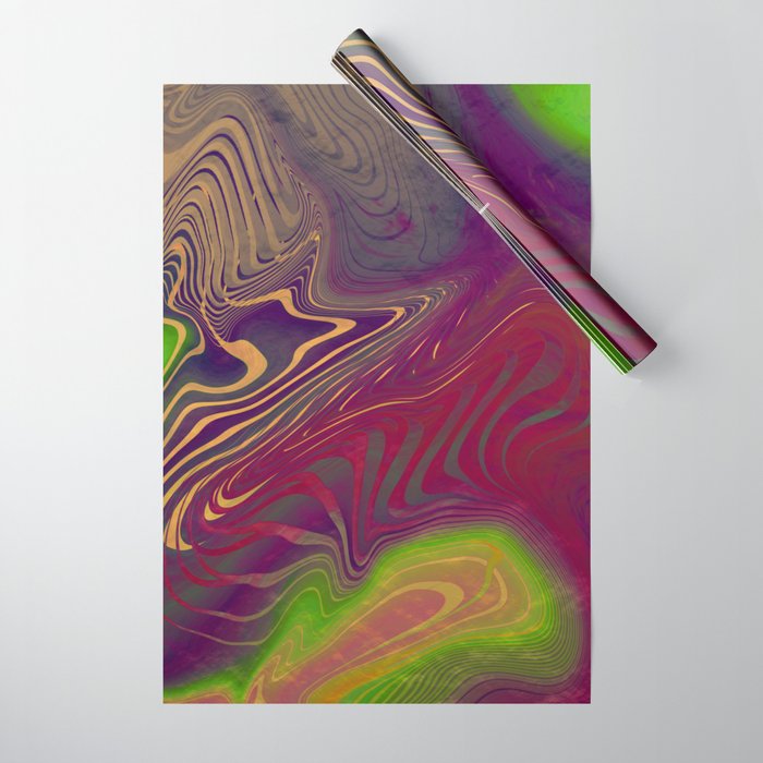Multicolored neon psychedelic abstract digital art with distorted lines and metallic texture.  Wrapping Paper