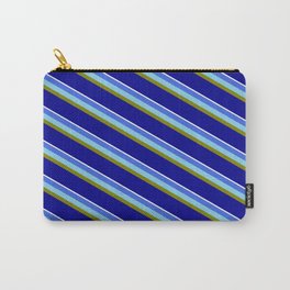 [ Thumbnail: Vibrant Royal Blue, Sky Blue, Green, Dark Blue, and White Colored Striped/Lined Pattern Carry-All Pouch ]