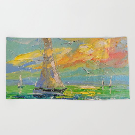 Boat at sunrise Beach Towel