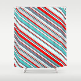 [ Thumbnail: Colorful Light Grey, Red, Turquoise, Slate Gray & Light Cyan Colored Pattern of Stripes Shower Curtain ]