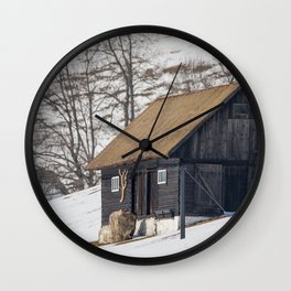 Old mountain house with Carpathian mountains in the background Wall Clock