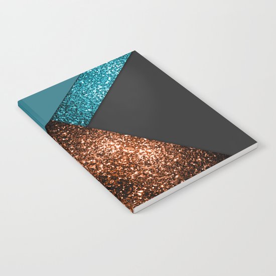 Aqua blue and bronze sparkles modern color block art Notebook