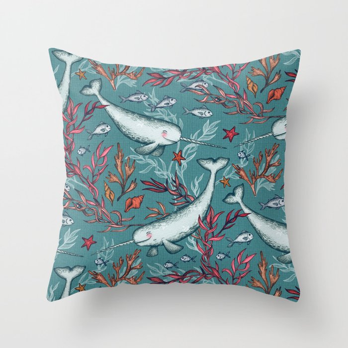 Narwhal Toile - teal blue Throw Pillow