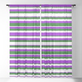 [ Thumbnail: Dark Green, White & Dark Violet Colored Lined Pattern Sheer Curtain ]