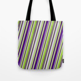 [ Thumbnail: Light Gray, Green & Indigo Colored Pattern of Stripes Tote Bag ]