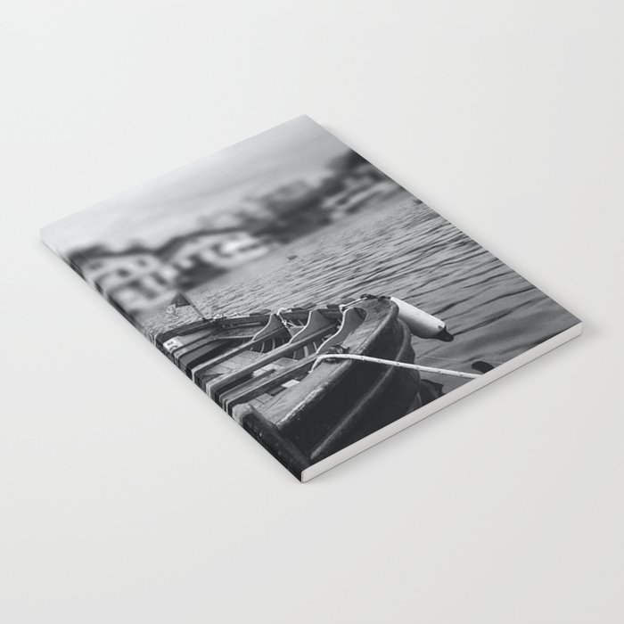 Ships in the blue harbor with seagull portrait black and white photograph / photography Notebook