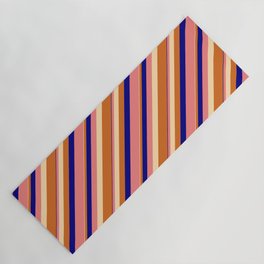 [ Thumbnail: Blue, Light Coral, Tan & Chocolate Colored Lined/Striped Pattern Yoga Mat ]
