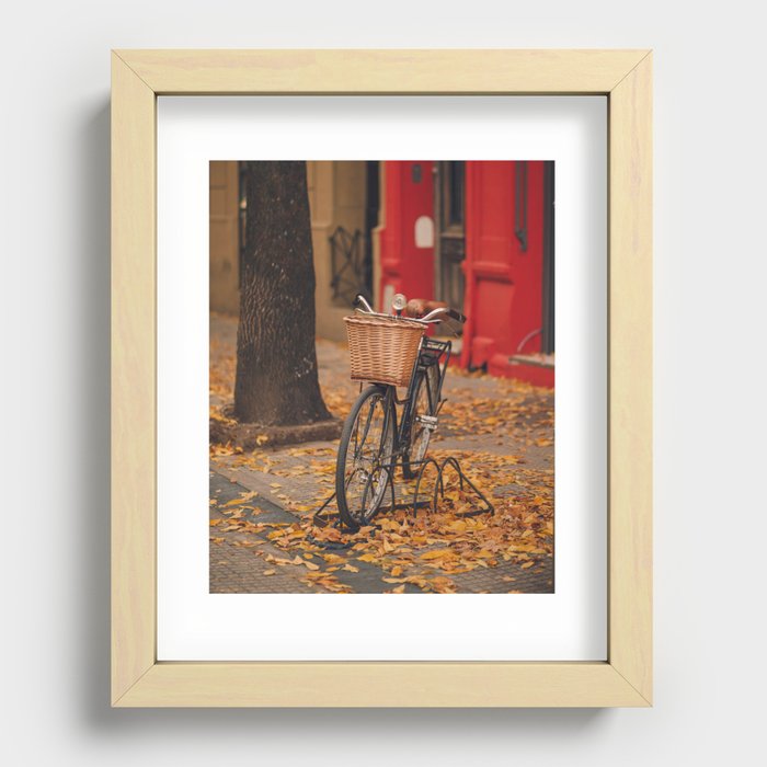 Autumn bicycle | Street photography | A bike in a Buenos Aires street surrounded by autumn leaves Recessed Framed Print