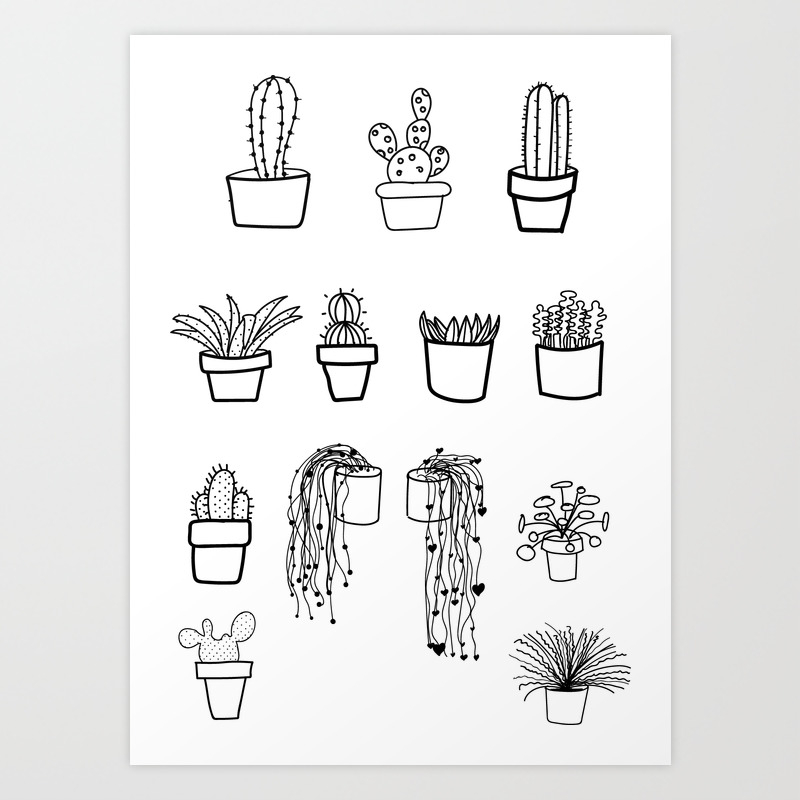 Cacti And Succulents Line Drawing Pattern Art Print By Faydixondesign Society6