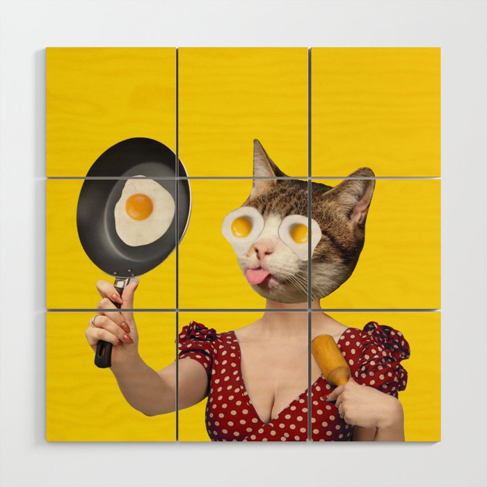 Sunny side up, cat, lady, eggs collage Wood Wall Art