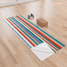 [ Thumbnail: Colorful Blue, Tan, Red, White, and Dark Green Colored Striped/Lined Pattern Yoga Towel ]