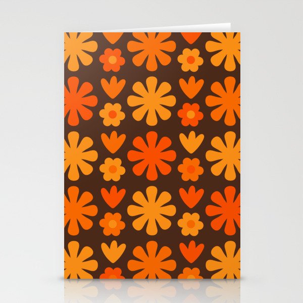 Scandi Floral Grid Retro Flower Pattern in 70s Brown and Orange Stationery Cards