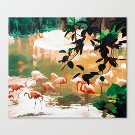 Flamingo Sighting, Jungle Nature Wildlife Birds Painting, Animals Forest Safari Illustration Canvas Print
