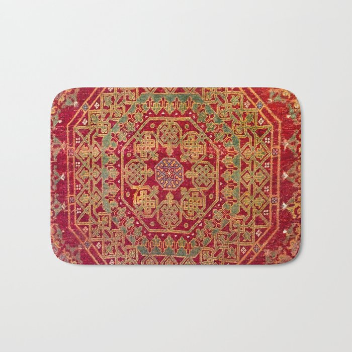 Bohemian Medallion VII // 15th Century Old Distressed Red Green Coloful Ornate Accent Rug Pattern Bath Mat
