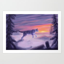 untitled Art Print | Orange, Purple, Animal, Sunset, Painting, Tiger, Trees, Feline, Snow, Cat 
