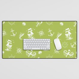 Light Green And White Silhouettes Of Vintage Nautical Pattern Desk Mat