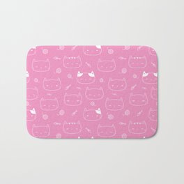 Pink and White Doodle Kitten Faces Pattern Bath Mat